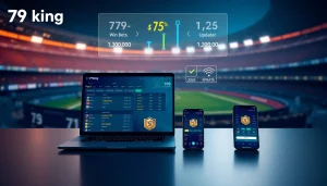 Painel de apostas ao vivo da 79king em laptop e celular com elementos de segurança