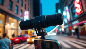MV 88 microphone showcased with iPhone in a dynamic urban setting.