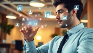 Buy LinkedIn Profiles showcasing a professional engaged with LinkedIn in a modern office.