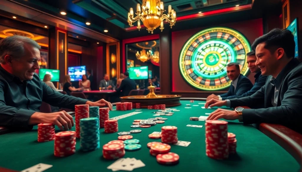 Players enjoying an exciting game at MM88's professional poker table with vibrant chips and cards.