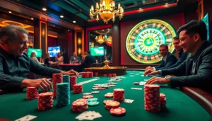 Players enjoying an exciting game at MM88's professional poker table with vibrant chips and cards.