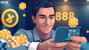 Player enjoying MV 88 gaming experience with virtual currency and app interface.