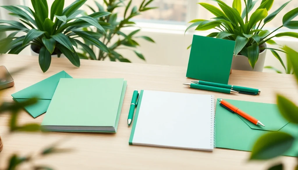 Showcasing green stationery products beautifully arranged on a minimalist desk, highlighting eco-friendly designs.