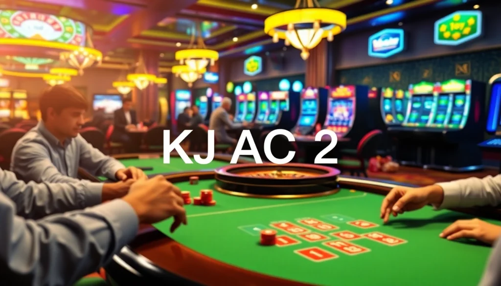 Online casino atmosphere showcasing KJC AC 2 where players enjoy poker, roulette, and slot machines.