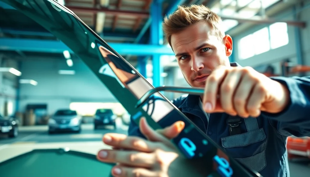 Affordable auto glass Northglenn technician repairing windshield with precision in bright garage.