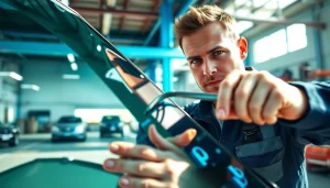 Affordable auto glass Northglenn technician repairing windshield with precision in bright garage.