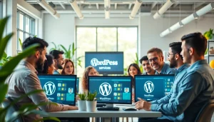 Team showcasing wordpress services in a modern office environment, fostering innovation and collaboration.