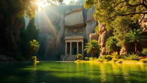 View of King Solomon's Mine with lush surroundings and ancient architecture.