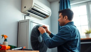 Technician working on air conditioning repair at https://nobleheatingairservices.com with tools in a bright setting.