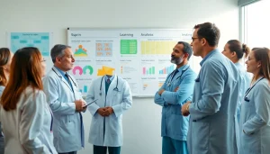 Medical professionals analyzing the ADAPTABLE Aspirin Study results in a collaborative environment.