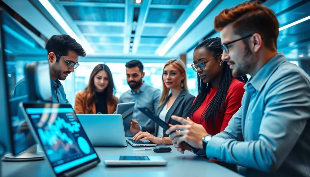 Showcasing technology in a collaborative workspace with diverse professionals exchanging ideas and data.