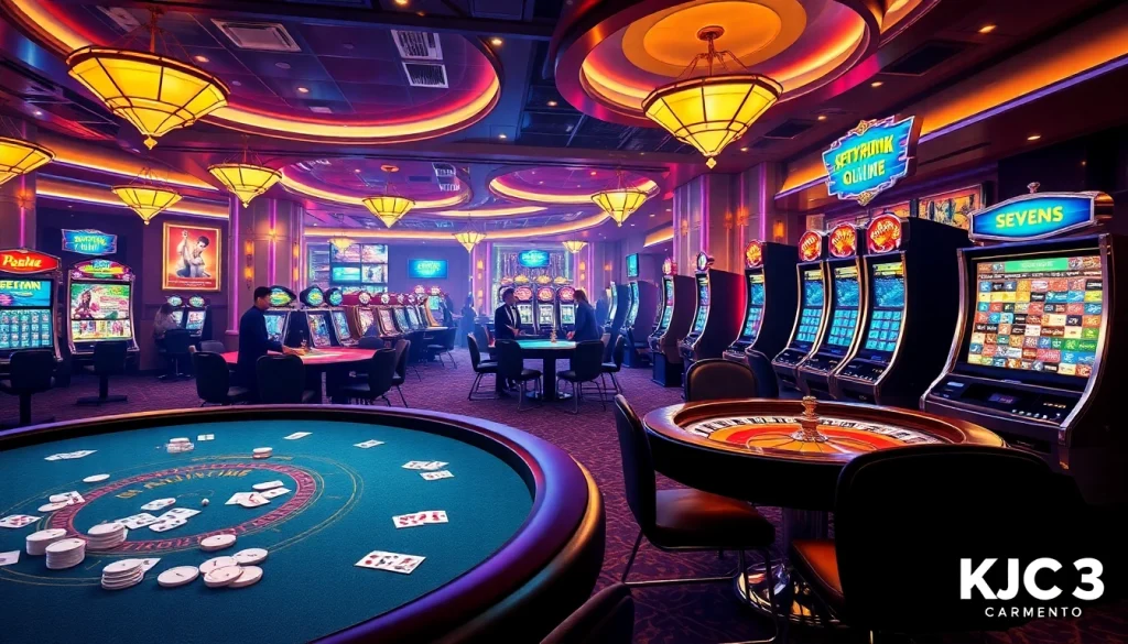 KJC AC 3 vibrant casino setting with poker tables, dice, and slot machines.