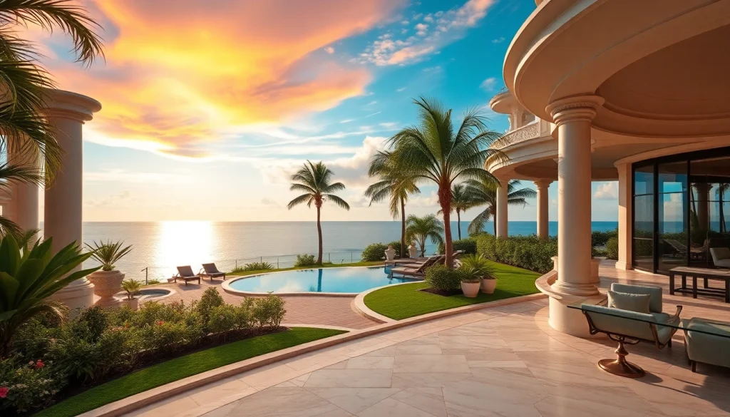 Explore a luxurious property pattaya alongside vibrant gardens and ocean views under a bright sunset sky.