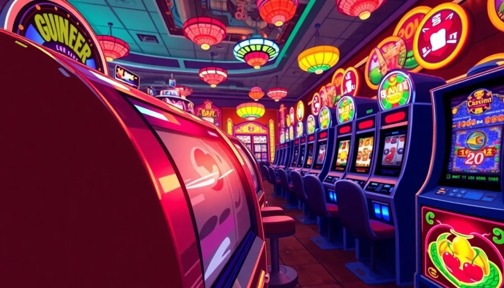 Slot mesin yang berwarna-warni dan menarik perhatian di kasino.