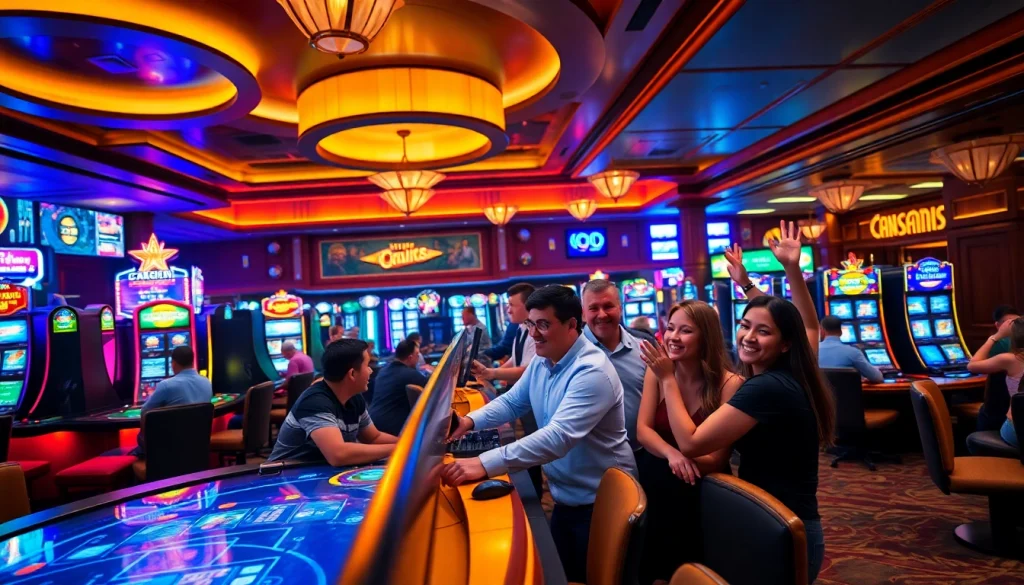 คาสิโน บรรยากาศการเล่นเกมคึกคักภายในคาสิโนที่เต็มไปด้วยแสงสีและเสียงหัวเราะ
