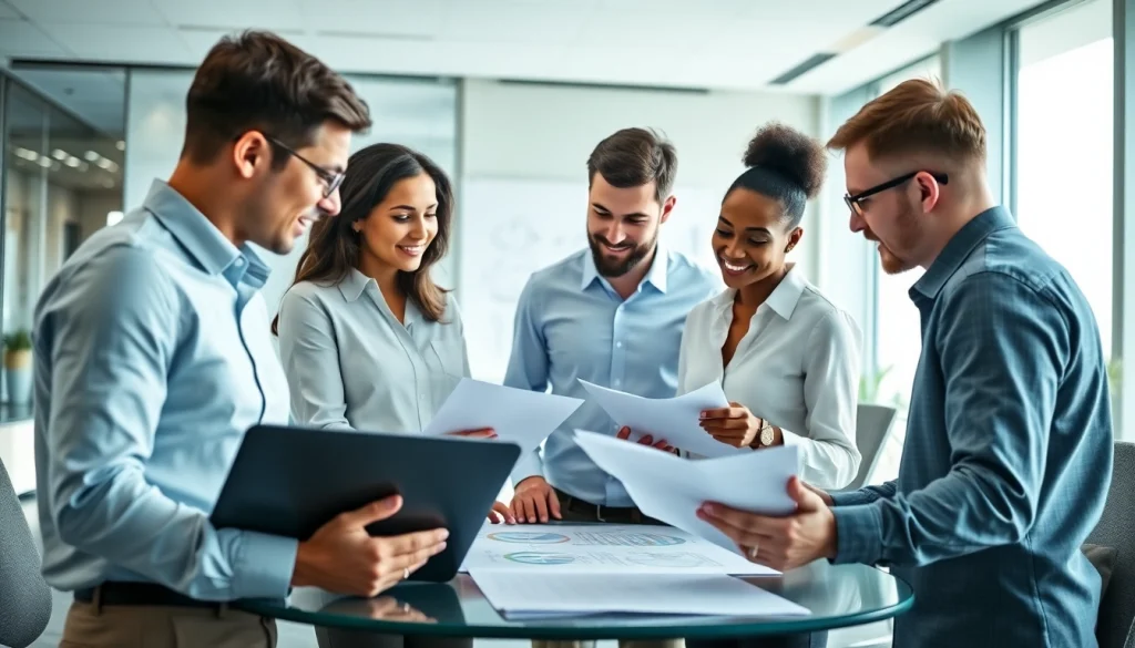 Engaged team of Quickplus Business Consultants collaborating in a modern office environment.