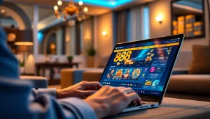 Engaging scene of a user interacting with the 888 new online gambling platform, showcasing vibrant graphics and a luxurious feel.