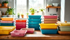 Bakeware NZ assortment on a rustic kitchen countertop showcasing colorful baking tins and trays.