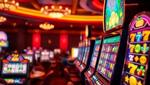 Login ke tank4d login toto slot dengan suasana kasino yang cerah dan slot machine berwarna-warni.