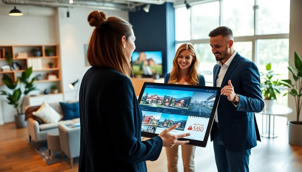 Real Estate agent discussing properties with clients in a bright, modern office setting.