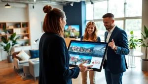Real Estate agent discussing properties with clients in a bright, modern office setting.