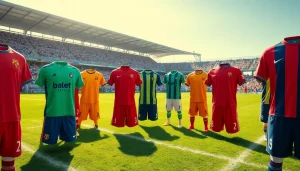 Showcase of cheap football kits displayed on a football pitch, highlighting vibrant designs.