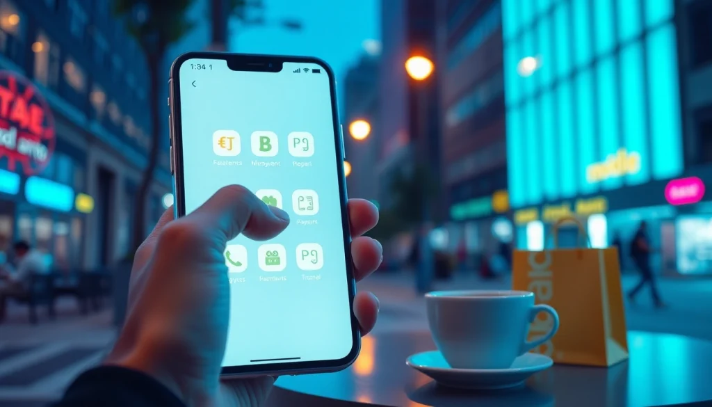 도시 환경에서 소액결제의 용이함과 편리함을 강조하는 앱 인터페이스