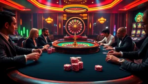 Engage in high-stakes action at hi88.photo casino with vibrant poker chips and a roulette wheel.