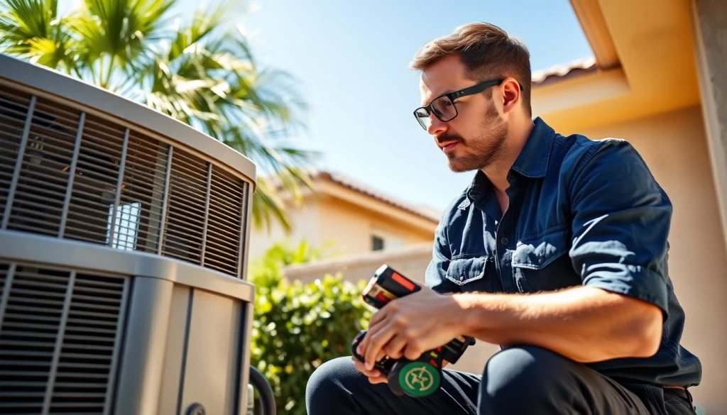 AC repair phoenix az technician servicing an air conditioning unit in a sunny backyard setting.