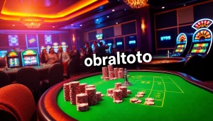 Experience the thrill of obraltoto in a vibrant casino scene with poker chips and a roulette wheel.