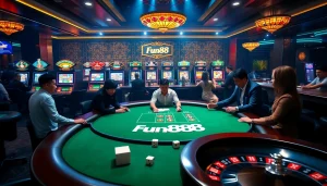 Fun88 casino scene showcasing an elegant poker table, vibrant slot machines, and an exciting atmosphere.