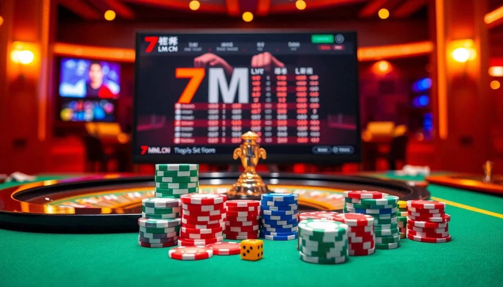 The excitement of gambling at 7m.cn showcased with poker chips, a roulette wheel, and live scores displayed.