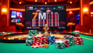 The excitement of gambling at 7m.cn showcased with poker chips, a roulette wheel, and live scores displayed.