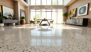 Revêtement en terrazzo magnifique dans un intérieur moderne, présentant des motifs complexes et des éclats de couleur vifs.