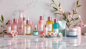 Den bästa K-Beauty-produkten visas elegant på en marmorbänksyta med mjukt ljus och färgstark förpackning.