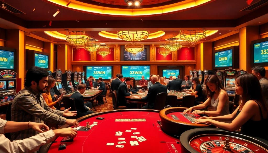 A stunning casino scene showcasing the excitement of gambling at 33win.rentals with vibrant tables and players in action.