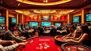 A stunning casino scene showcasing the excitement of gambling at 33win.rentals with vibrant tables and players in action.