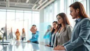 Collaborative human interface with AI in a modern office, showcasing teamwork and technology.