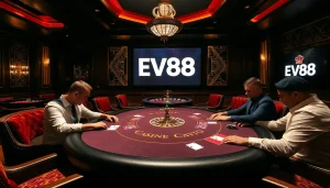 Players enjoying high-stakes poker at EV88 casino, showcasing luxurious gambling experience.