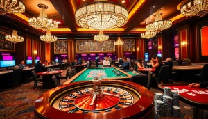 Experience the thrill of 'Nhà Cái Uy Tín' in a luxurious casino setting with enthusiastic players and vibrant gaming tables.