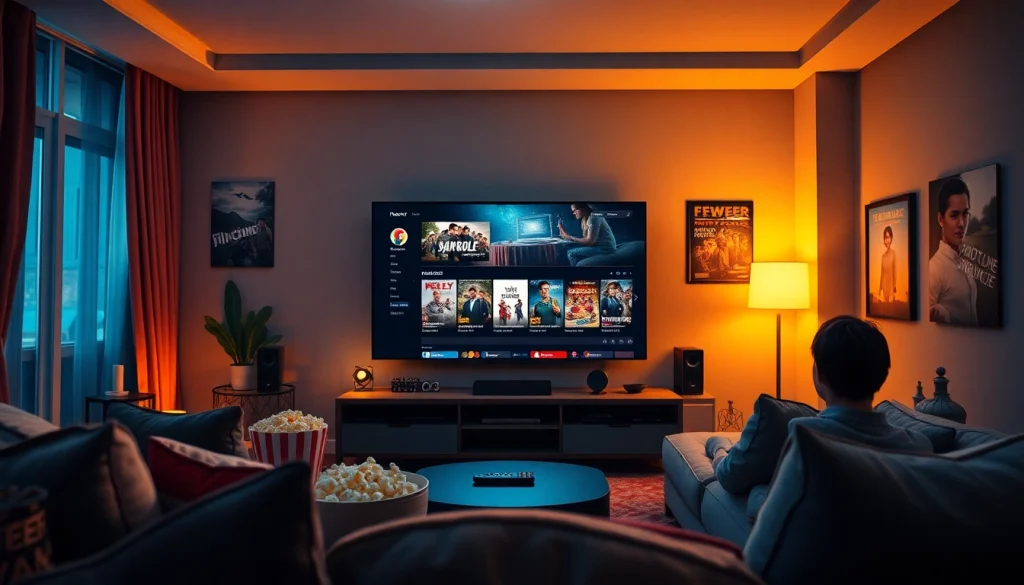 Enjoy watching filmes online in a cozy living room with popcorn and a modern TV setup.