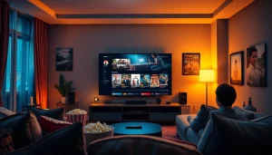 Enjoy watching filmes online in a cozy living room with popcorn and a modern TV setup.