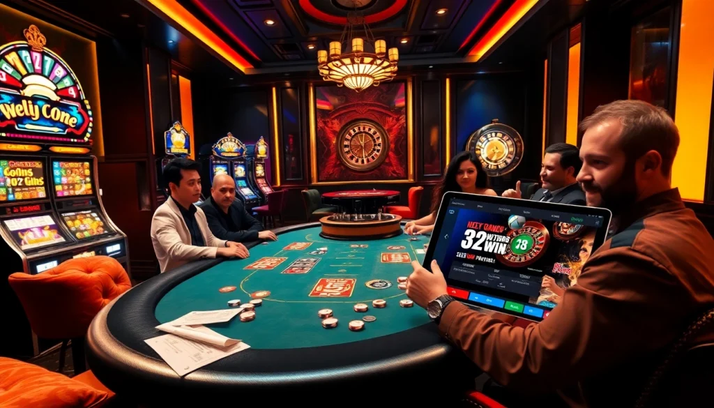Experience thrilling gameplay at https://32win.football/ with a luxurious poker scene depicting excitement and strategy.