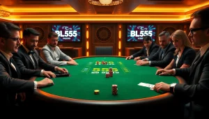 Players engage in high-stakes poker at the luxurious BL555 casino table.