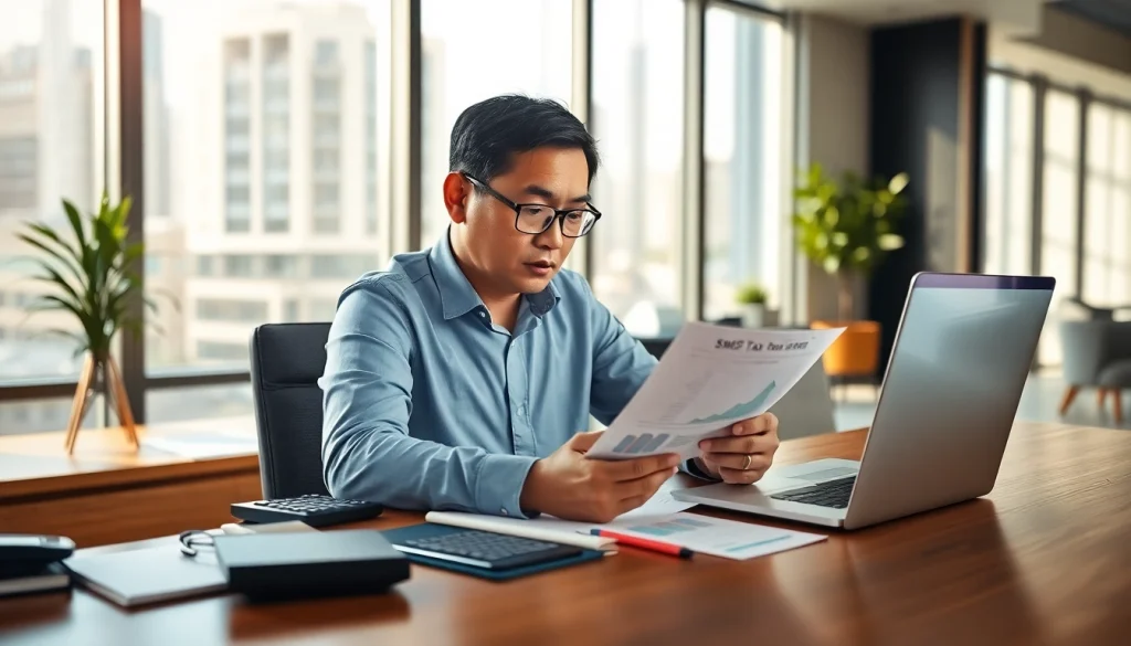 Accountant analyzing SMSF tax return documents in a modern office.