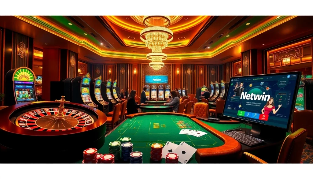Experience the excitement of Netwin with luxurious casino elements, engaging players at poker tables and slot machines.