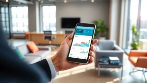 Showcasing mobile crm software on a smartphone in a professional office environment.