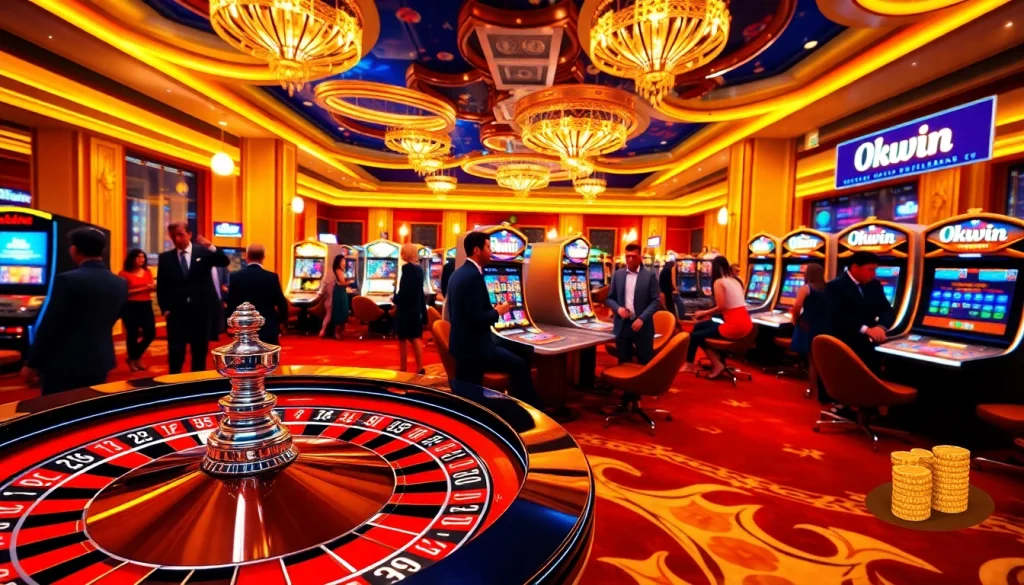 Okwin online casino experience featuring vibrant slot machines and a roulette table.