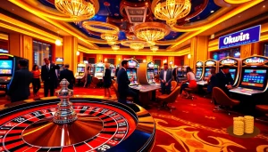 Okwin online casino experience featuring vibrant slot machines and a roulette table.