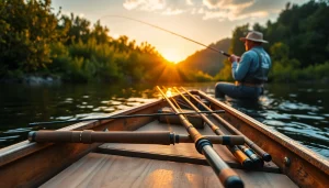 Explore the best fly fishing rods displayed on a wooden boat by a tranquil river at sunset.